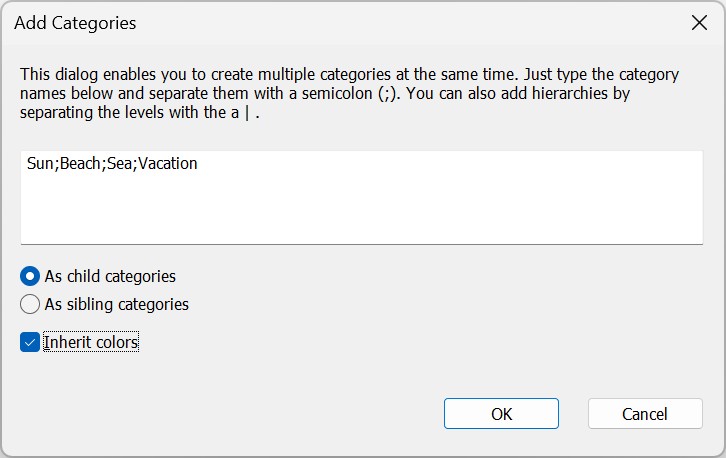 A screen shot of the input dialog for adding multiple categories at once.