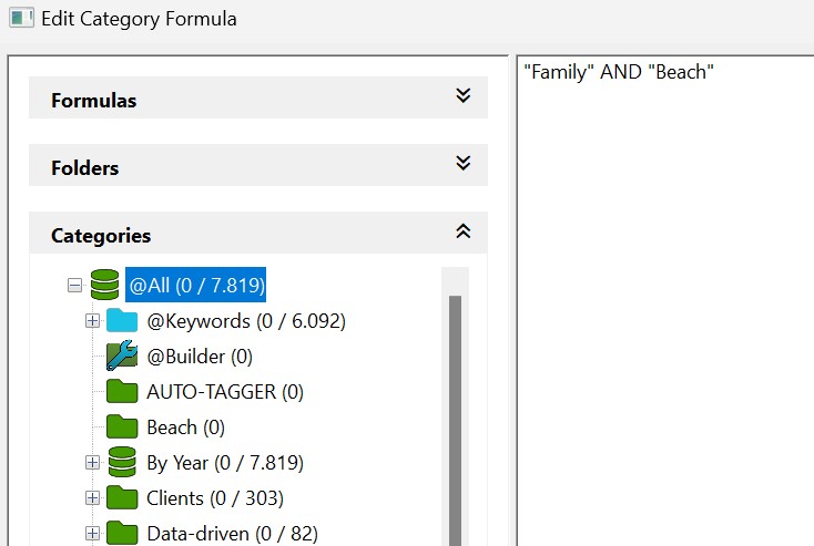 A screen shot of the Category Formula Editor dialog in IMatch.