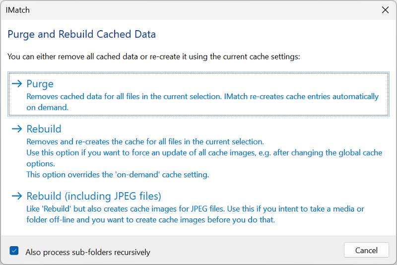 The dialog for purging and re-creating cache images.
