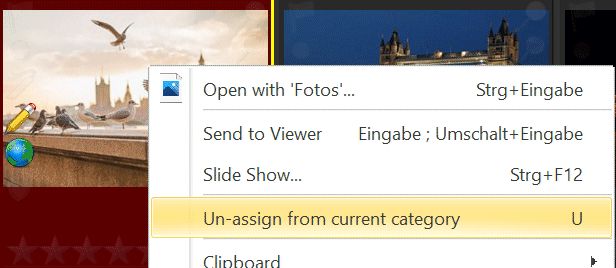 Un-assigning files from the current category via the context menu.