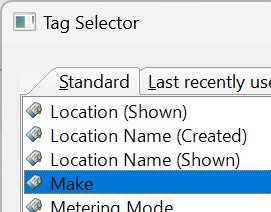 Selecting the Make tag in the Tag Selector dialog.