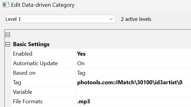 Screen shot of the properties for a data-driven category which only considers files with the .mp3 extension.
