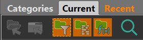 The buttons in the Categories Panel ribbon which control if data-driven, formula-based or @Keywords categories are listed.