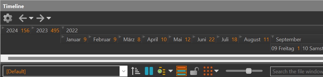 The Timeline View docked at the top of the File Window, with a horizontal layout.