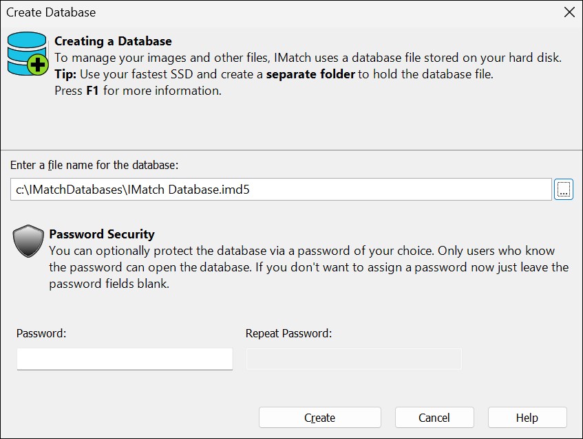 Database Creation dialog box screenshot.