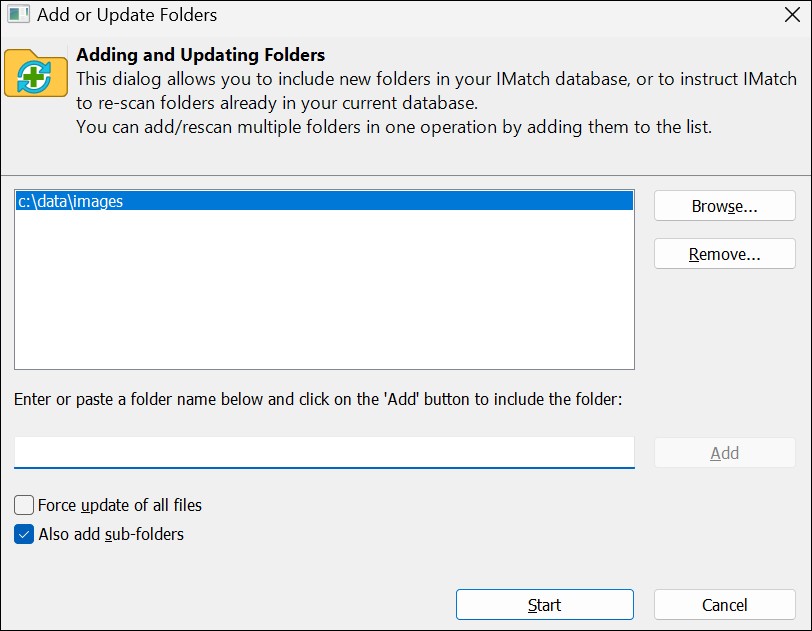 The dialog box used for adding individual folders to a database.