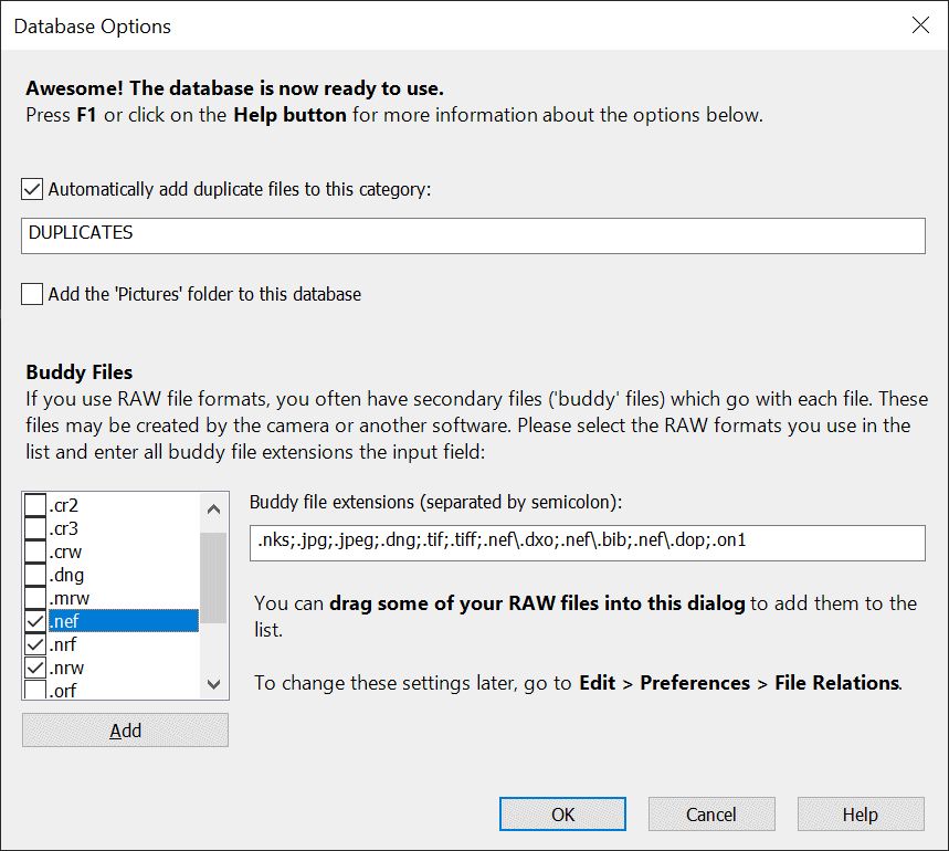 The Database Options dialog box.