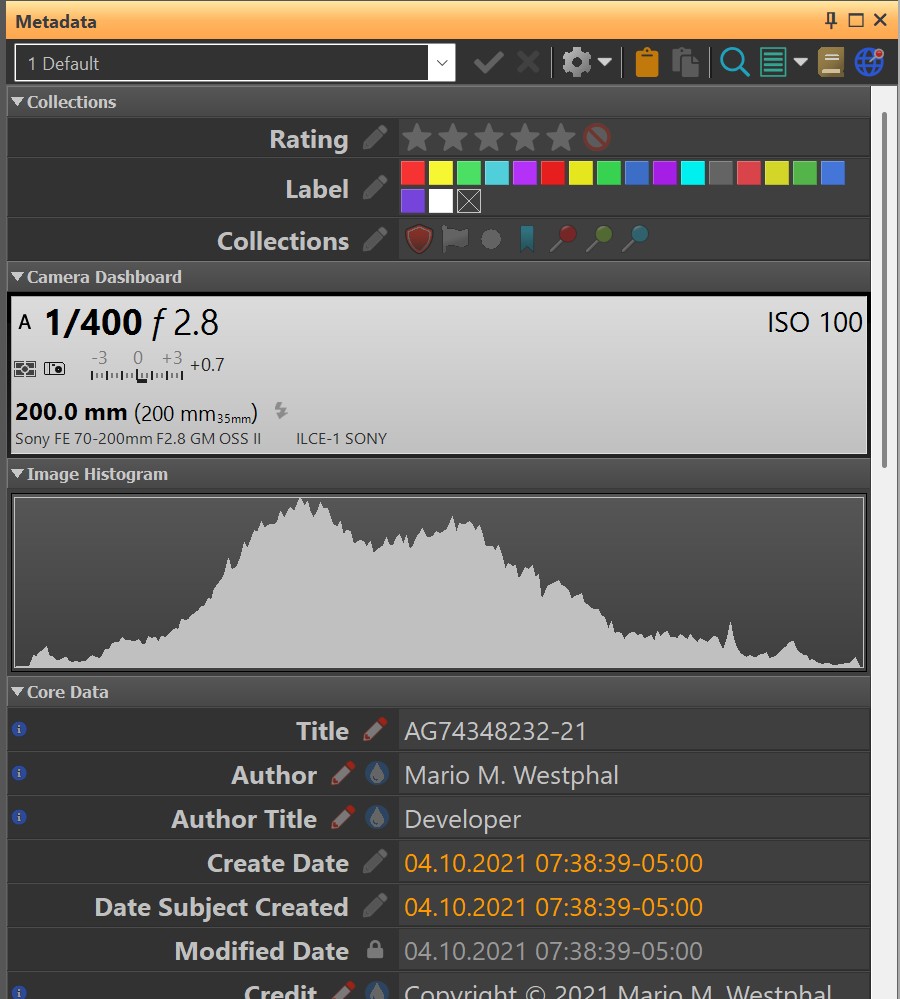 A screen shot of the Metadata Panel in IMatch, with the dashboard, collections and histogram showing.