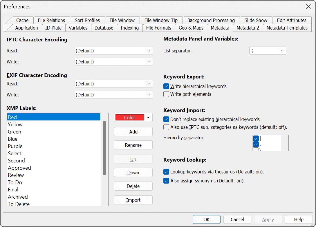 The Metadata configuration dialog gives the user detailed control over how IMatch imports metadata written by other applications, including custom XMP labels and mapping flat into hierarchical keywords.