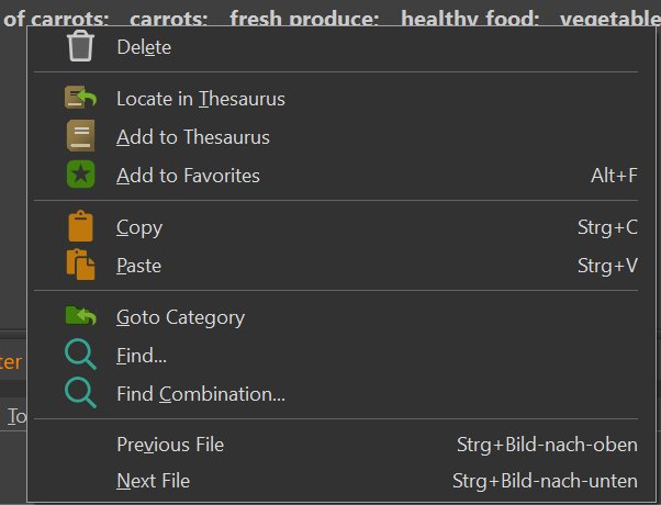 They Keywords Panel context menu with frequently used commands and their keyboard shortcuts.