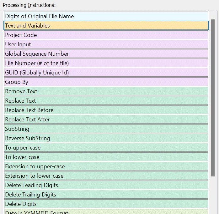 A list of all available steps for the Renamer to choose from.