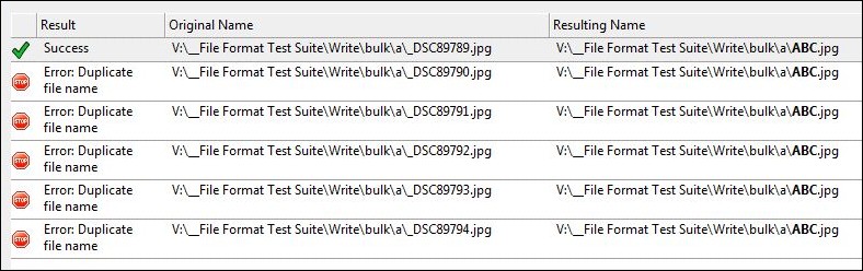 Renamer Preview dialog with errors caused by duplicate file names.