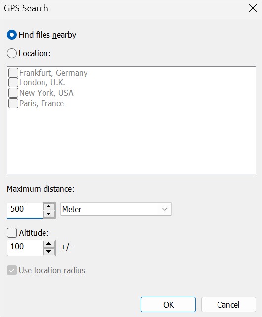 The GPS search dialog box.