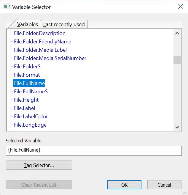 A screen shot of the Variable Selector dialog box.