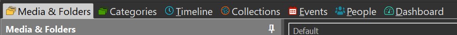 The View tab at the top of the IMatch window gives access to all available views, e.g., for categories, collections, events, and persons.