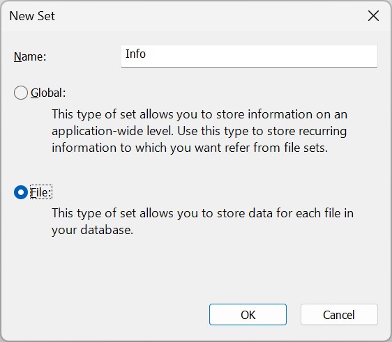 The dialog box for creating new Attribute Sets.