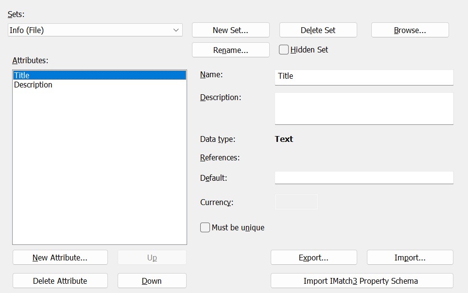 The finished Attribute Set info with the two attributes Title and Description.