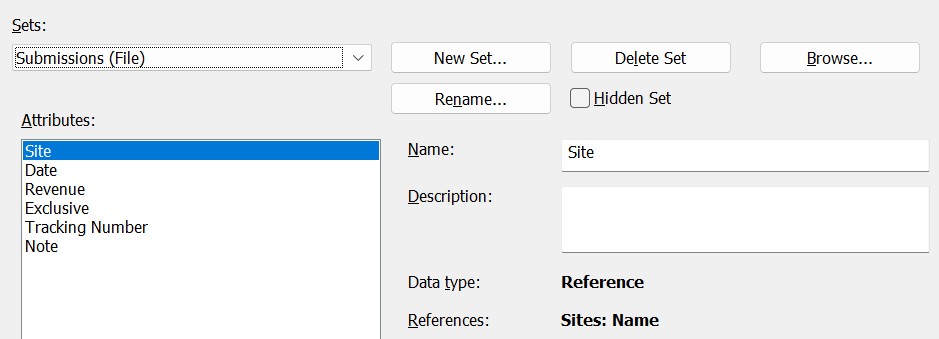 The Submissions Attribute set completed. Note that the Site attribute is of type reference.