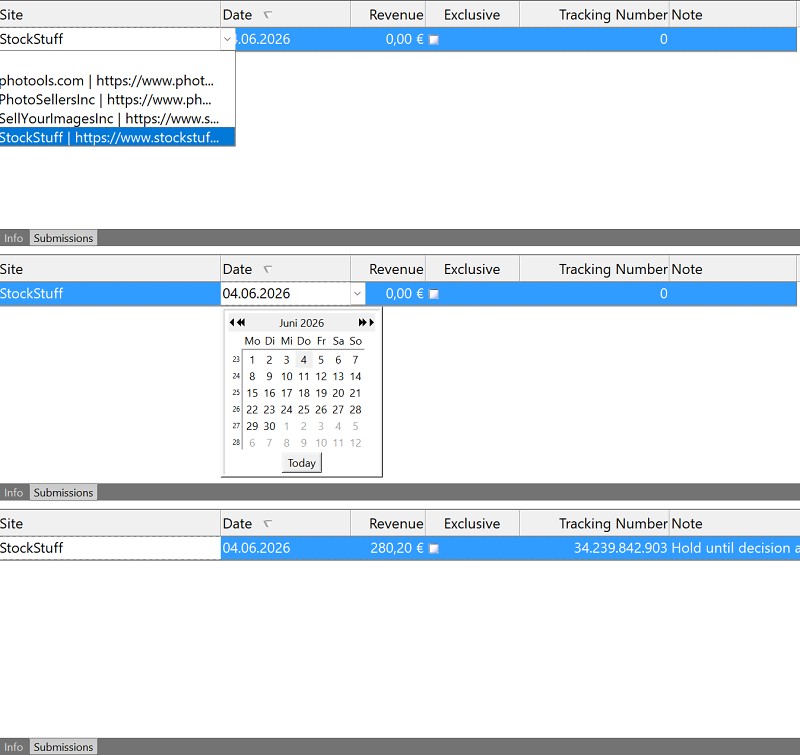 Selecting a stock photo site and entering sales data for a photo submission.
