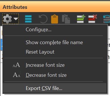 This image shows the configuration context menu for the Attributes Panel. If offers access to font size, CSV Export, file name display options and more.