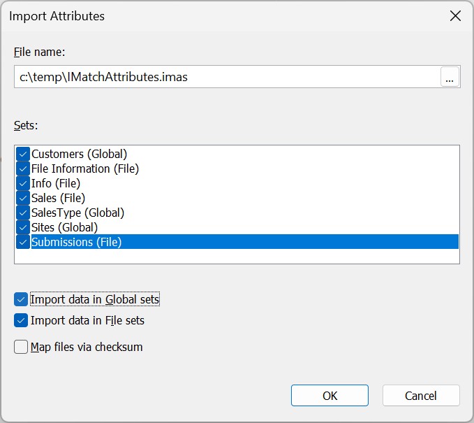 The Attribute import dialog where you can select which schema and data you want to import.