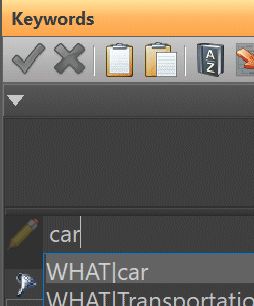 Adding keywords, with auto-suggestion from the Thesaurus.