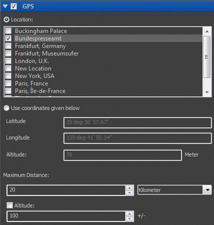 A screen shot of the GPS filter in the IMatch Filter Panel.