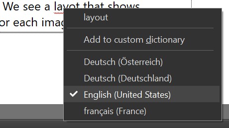 Changing the spell checker language in the context menu.