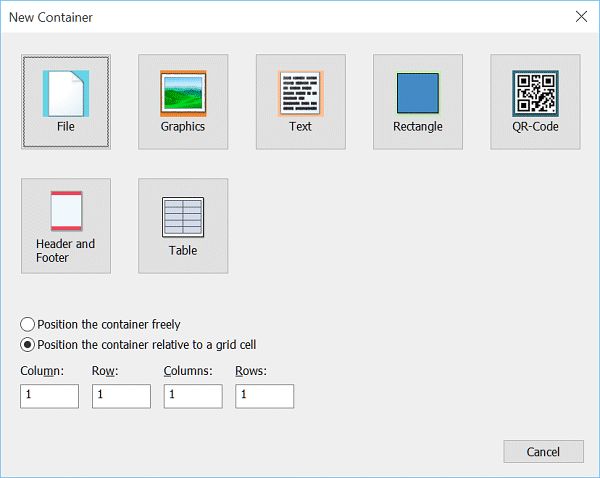 A screen shot of the Add Container dialog in IMatch Design & Print. Select from 7 container texts, including text, image and table.