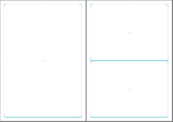 A print template with a full-size container on the left page and two containers on the right page.