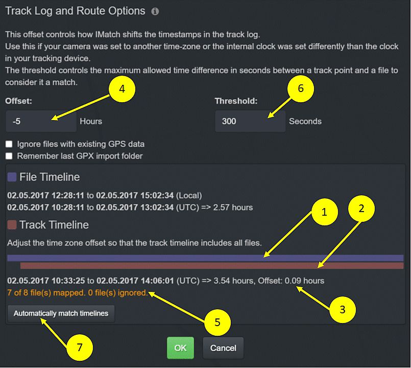 The track log import dialog with interactive controls allowing the user tp shift track timestamp to match them with image timestamps.