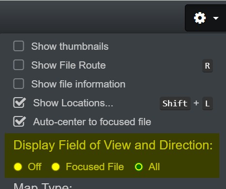 Enabling Field of View display via the Gear icon drop-down menu. Field of View display is a rather unique feature available in IMatch.