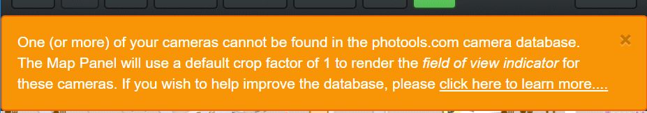 The warning displayed when the user uses a camera model for which no information exists yet in the IMatch camera database.