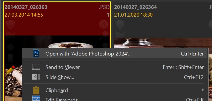 A screen shot of the right-click context menu in File Windows. Highlighted is the name of the application associated with the selected file. Click it to open the file in this application.