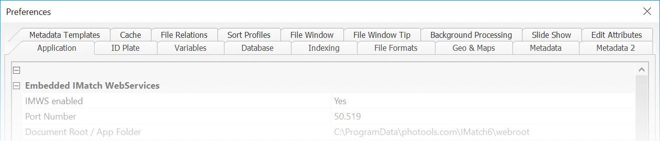 The Application Preferences dialog box in IMatch.