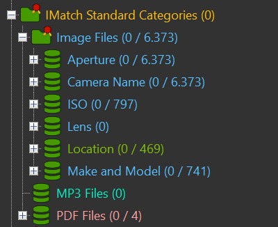 A screen shot of the Category View in IMatch, with the IMatch Standard Categories set highlighted.