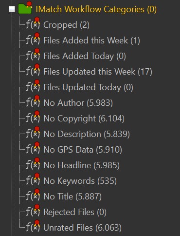 A screen shot of the Category View in IMatch, with the IMatch Workflow Categories set highlighted.