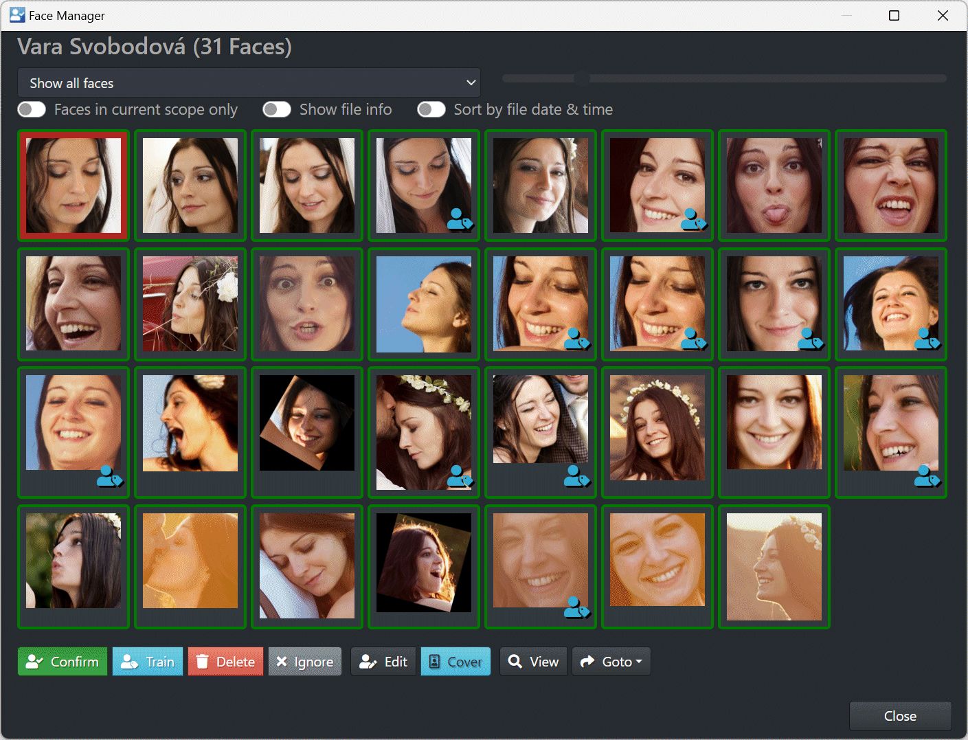 A screenshot of th IMatch Face Manager with the person Vara selected. The Face Manager currently shows all face annotations for Vara.