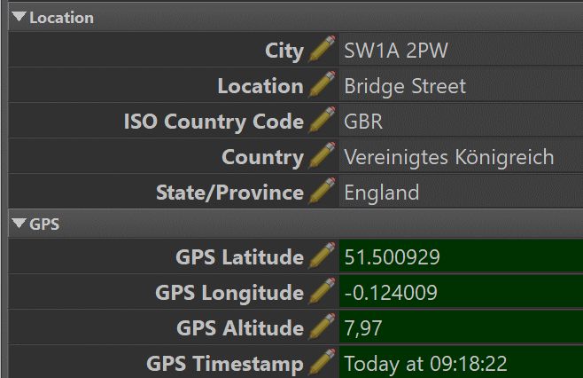 GPS coordinates and location data in the Metadata Panel.