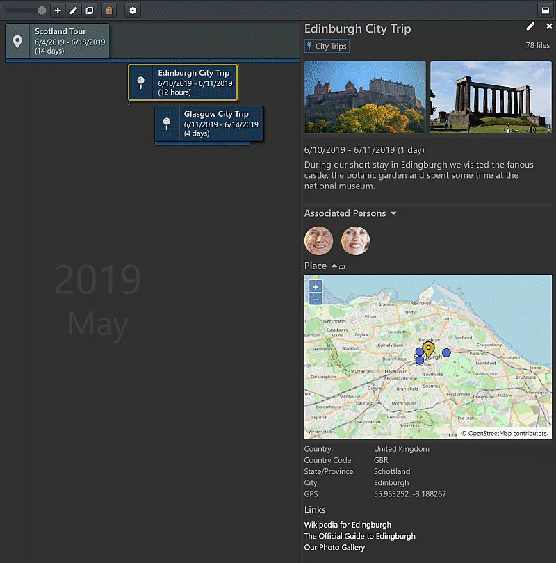 A screen shot of an elaborate event story, created from an event covering a city trip to Edinburgh.