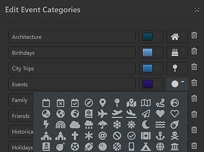 Selecting an event category icon from the list of icons supplied.