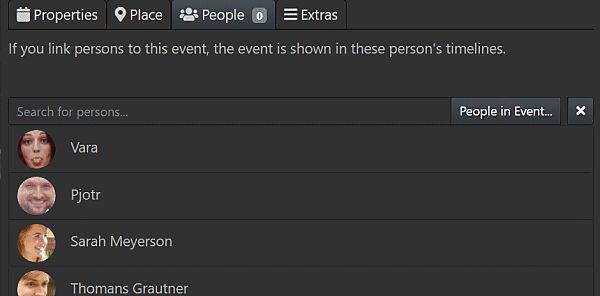 Screen shot of the control which allows users to associate persons with an event.