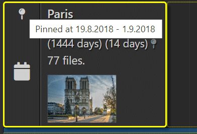 The tooltip of a pinned event icon in event tiles shows the pinned start- and end date.