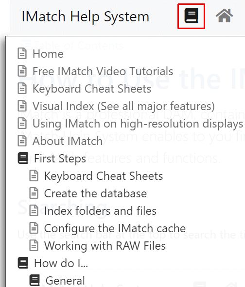 A screen shot of the Table of Contents in the IMatch Help system.