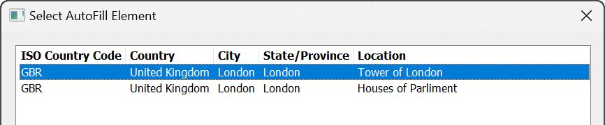If there are multiple matches in AutoFill for the user's input, this dialog allows the user to pick the entry to apply.