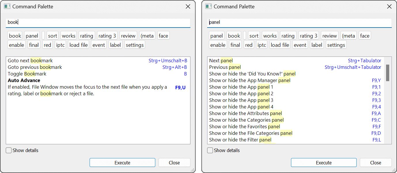 A screen shot of the IMatch Command Palette, which offers access quick to almost all commands and features of IMatch.