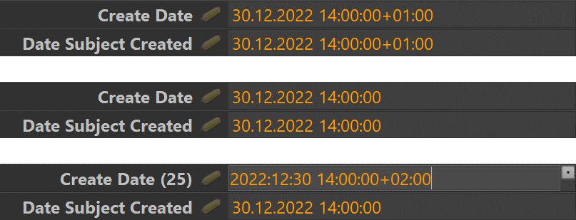 Different variations of time-zone display in the IMatch Metadata Panel.