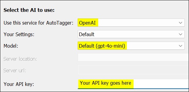 OpenAI settings for AutoTagger.
