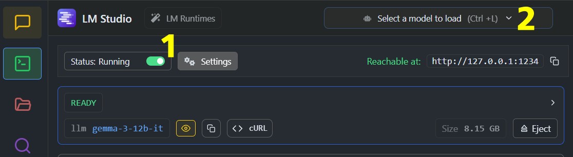 Activating server mode and loading a model.