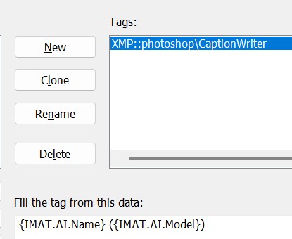 Write the AI name and model name into the Description Writer (Caption Writer) tag.